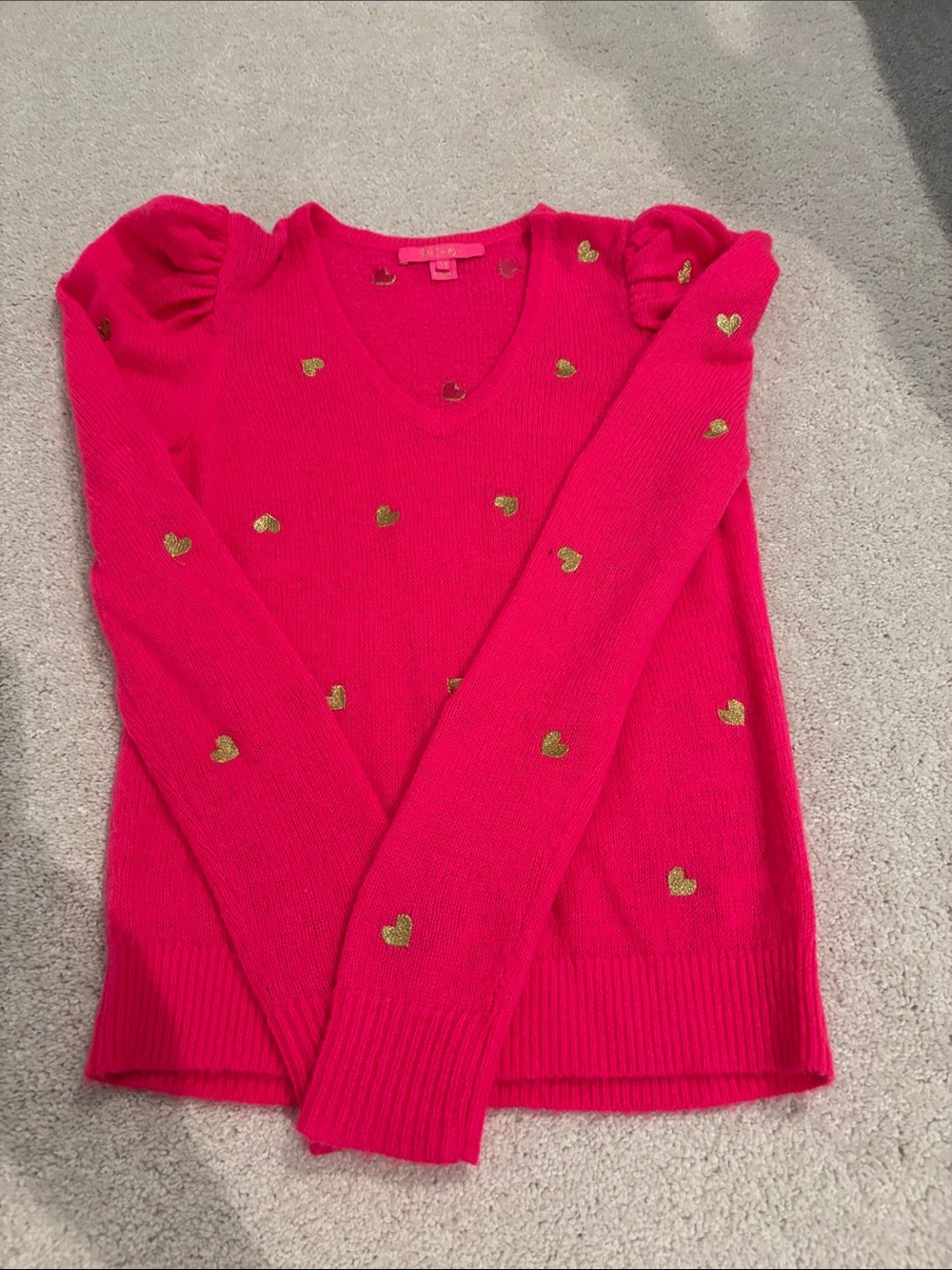 Lilly Pulitzer Hot Pink V-Neck Sweater with Gold Heart Details